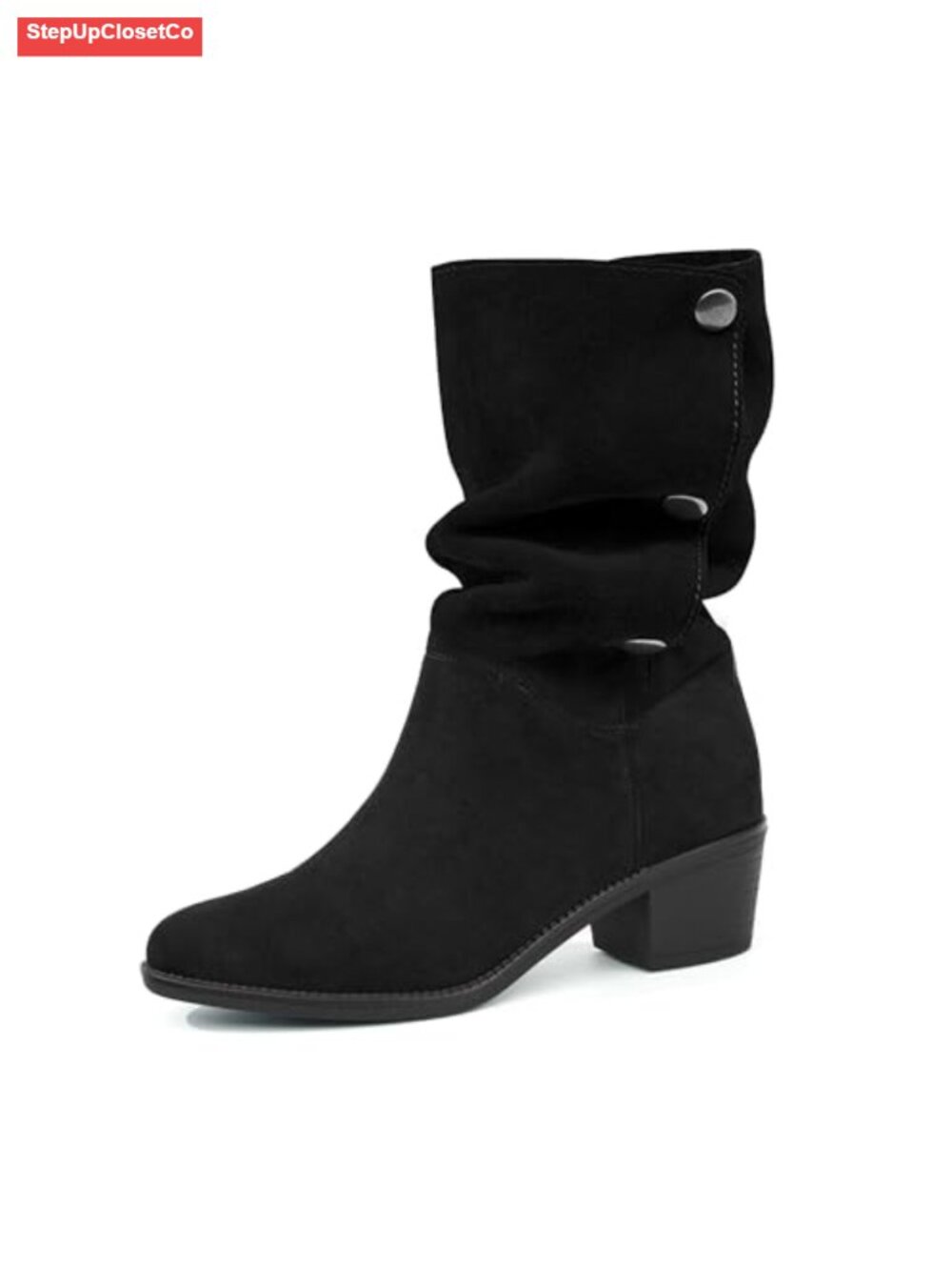 Suede Mid-Calf Boots 3-Way Fold-Over Chunky Block Heel